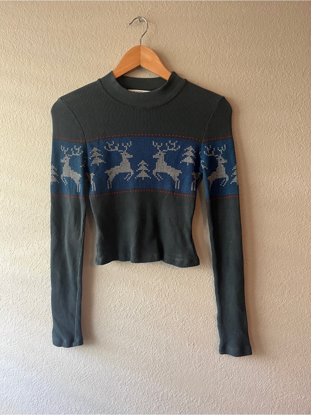 Daydreamer for Free People Reindeer Thermal Long Sleeve Top in Dark Green & Blue